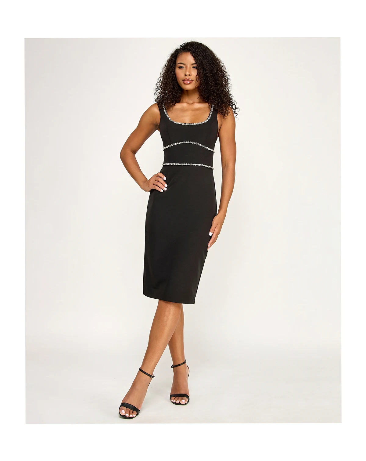 Juniors' Rhinestone Trim Scoop Neck Midi Dress