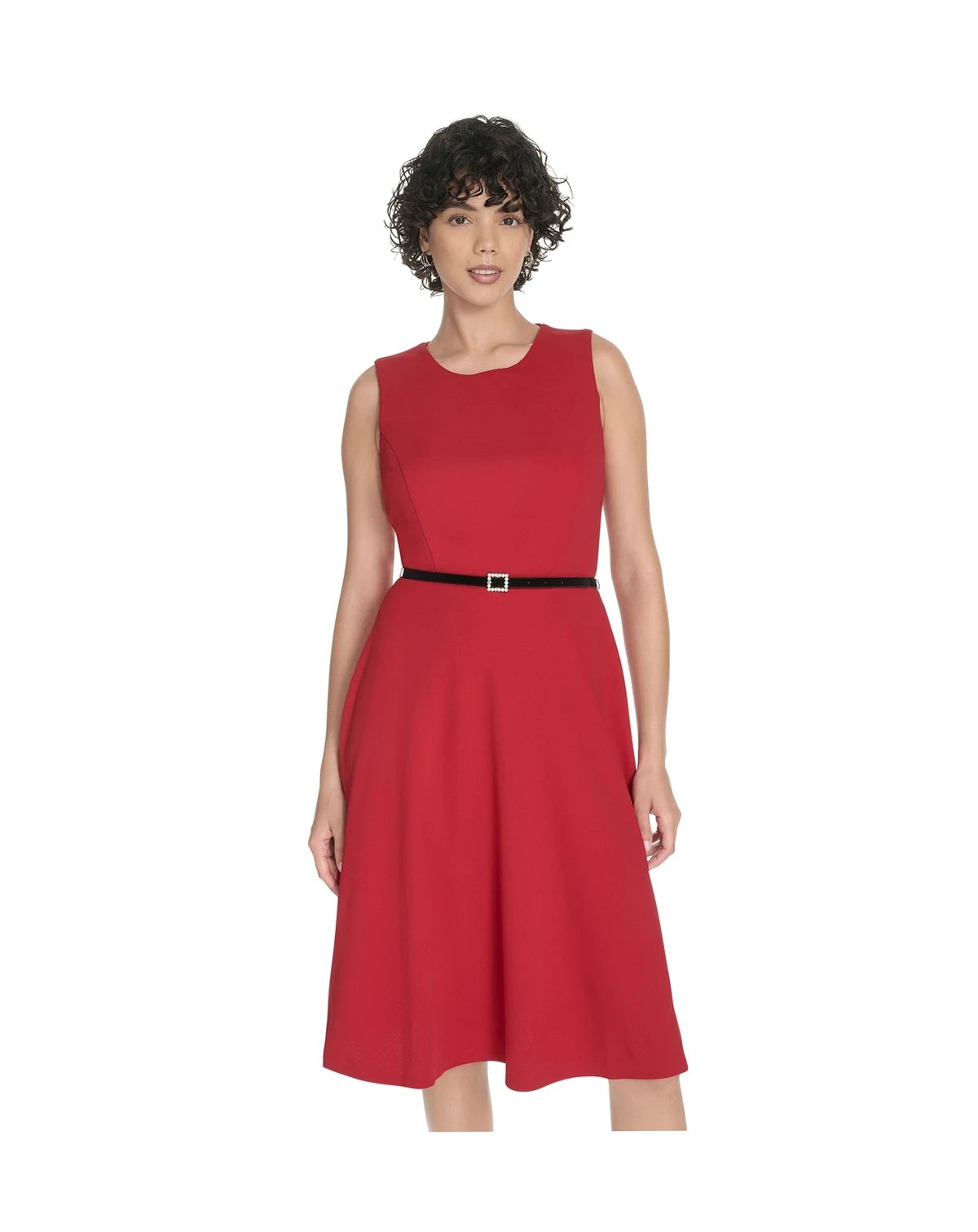 Women's Belted Fit and Flare Midi Dress