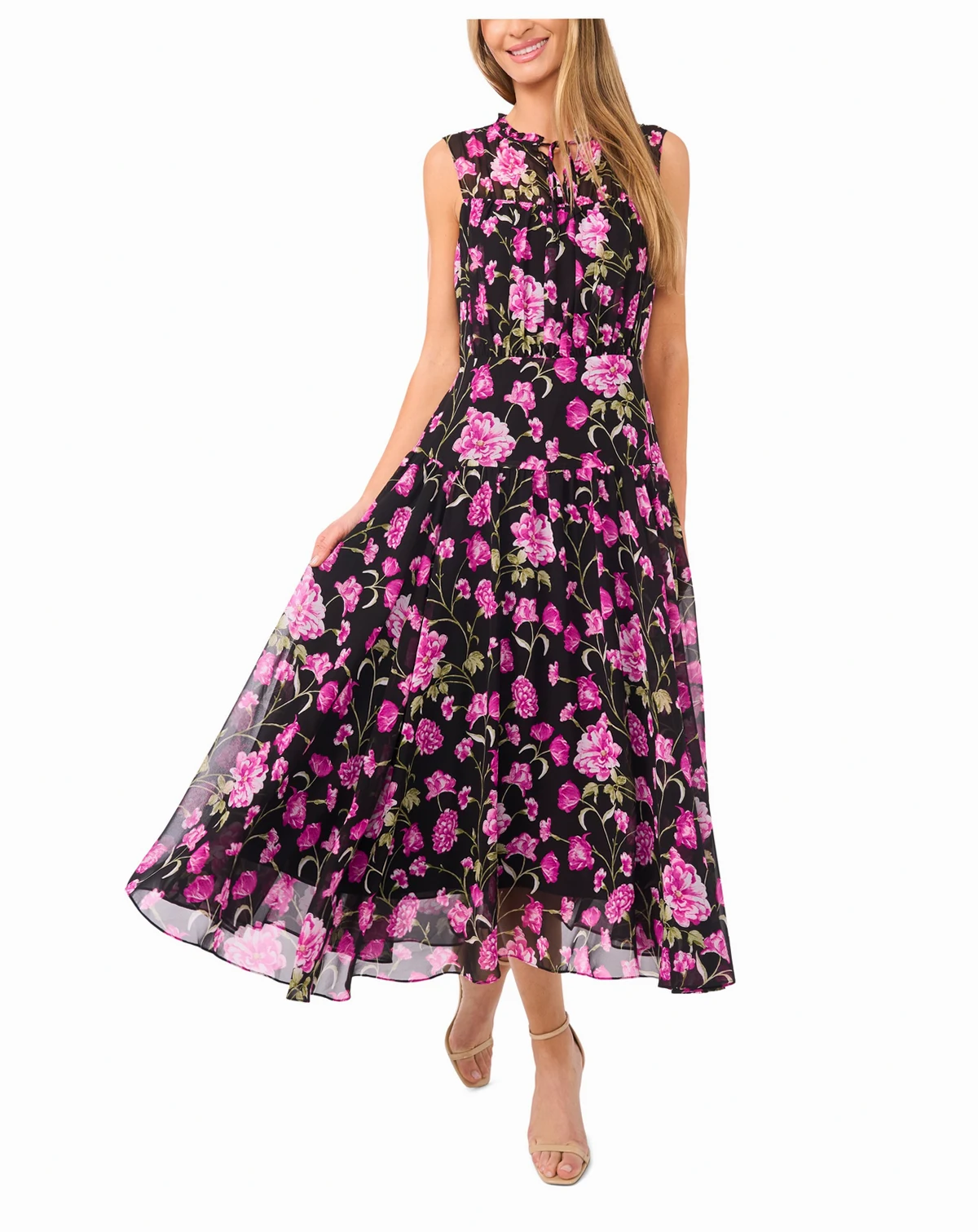 Women's Sleeveless Shirred Midi Dress