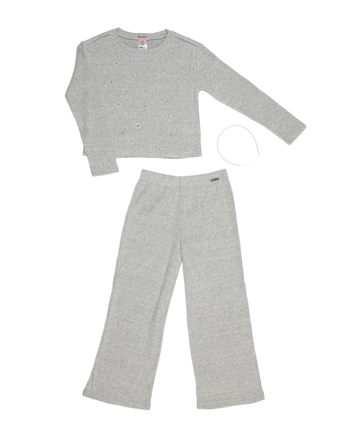 Toddler Girls Embellished Daisy Ribbed Top and Wide Leg Pants 2 Piece Lounge Set and Headband