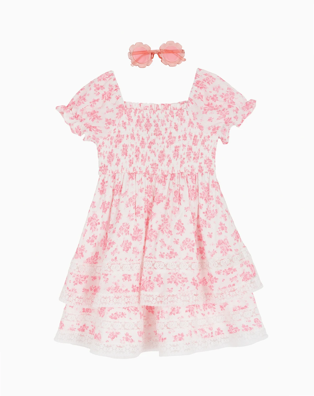 Girls' 2T-6X Printed Square Neck Smocked Dress with Sunglass