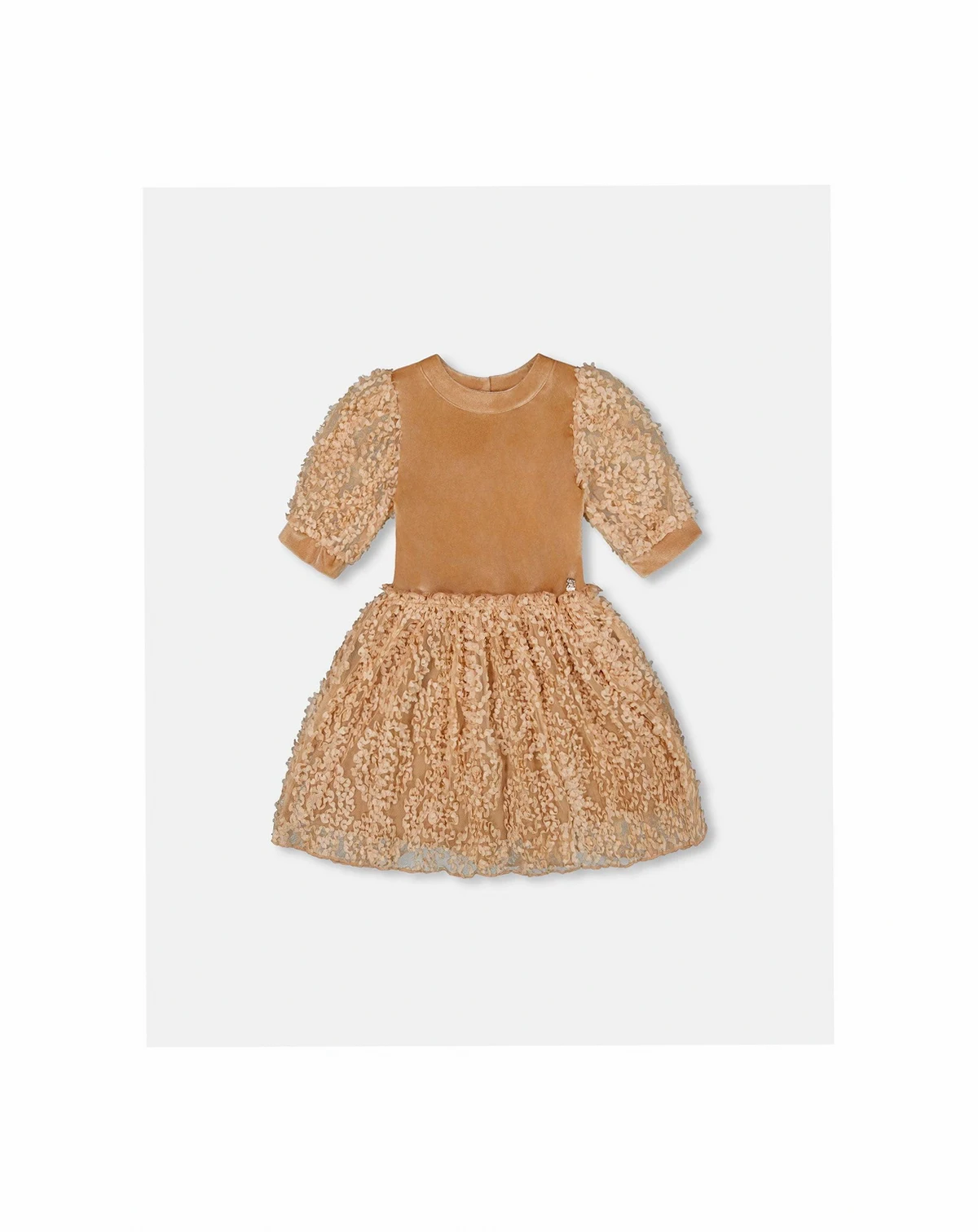 Girl Puff Sleeve Bi-Material Velour and Lace Dress Light Caramel - Toddler|Child