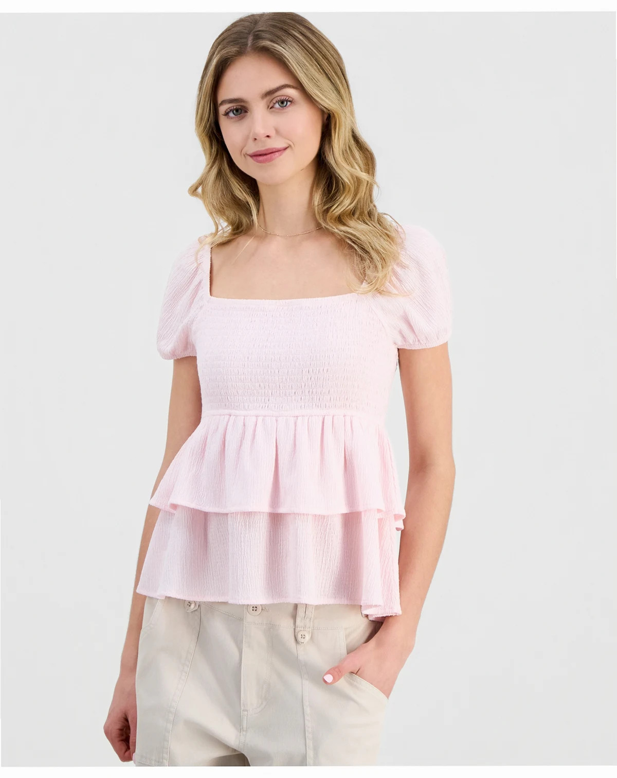 Juniors' Puff-Sleeve Tiered Babydoll Top