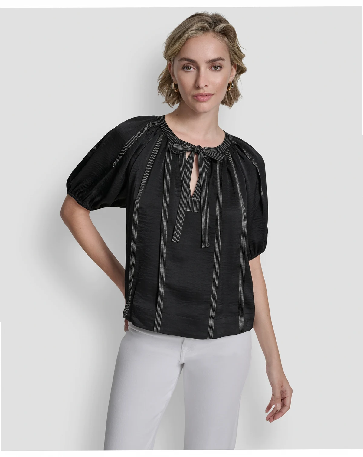 Women's Puff-Sleeve Top Stitch Tie-Front Blouse