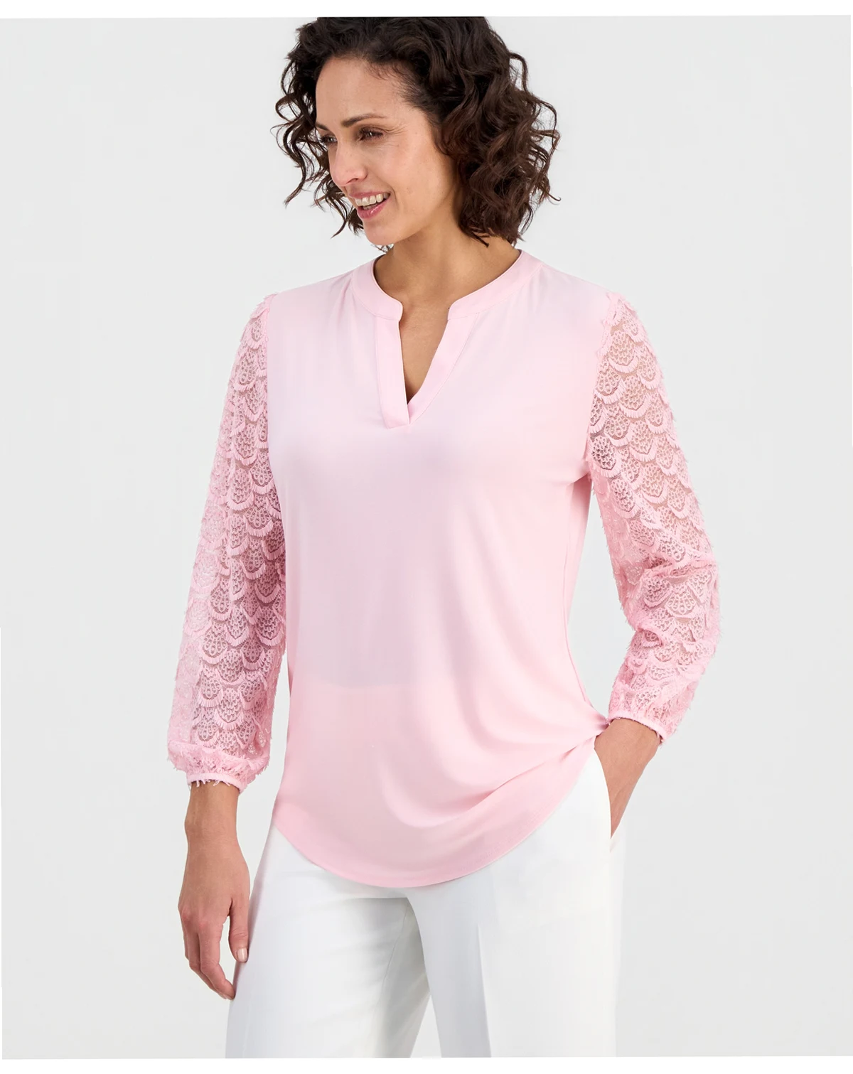 Women's Split-Neck Lace-Sleeve Top, Regular & Petite