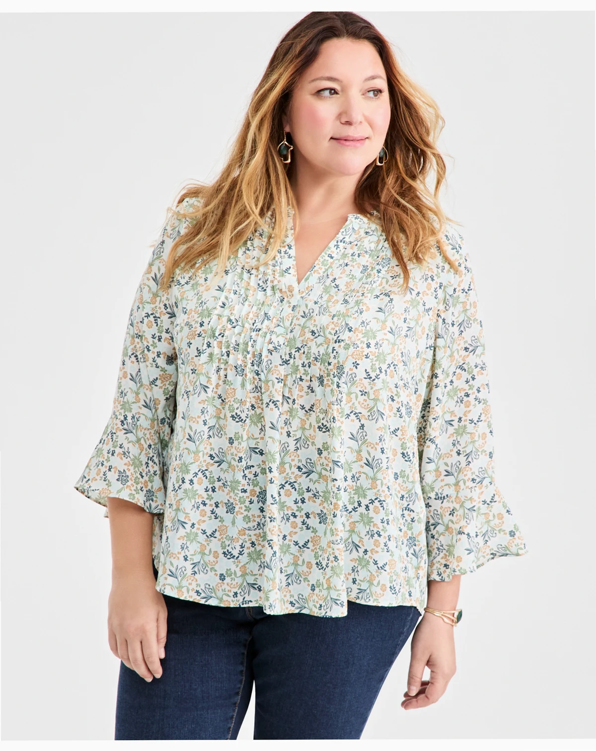 Plus Size Pleated Ditsy-Print Top, Macy's Exclusive