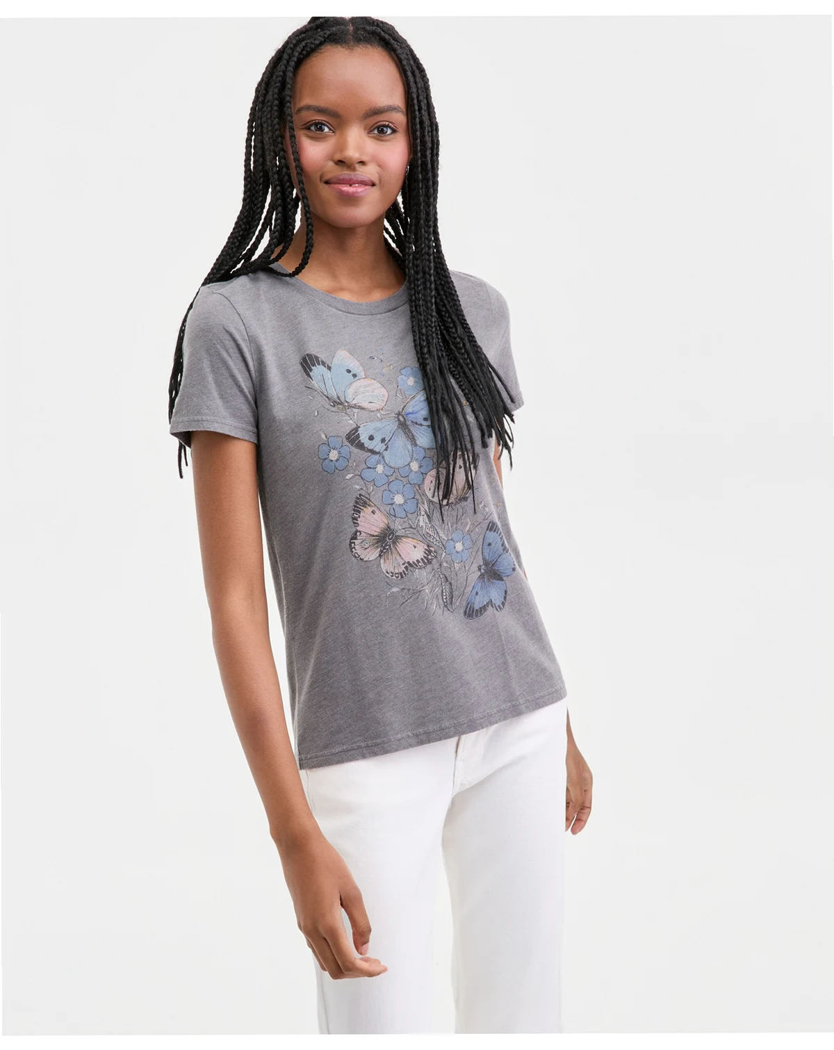 Women's Floral Butterfly Motif Classic Crewneck T-Shirt