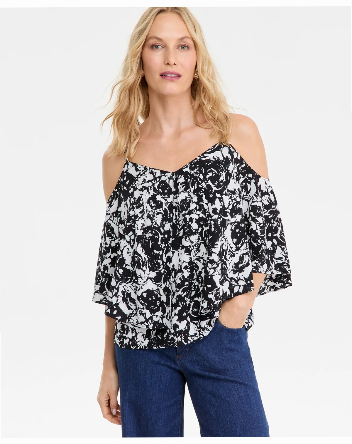Women's Printed Cold-Shoulder Short-Sleeve Ruffled Top, Macy's Exclusive