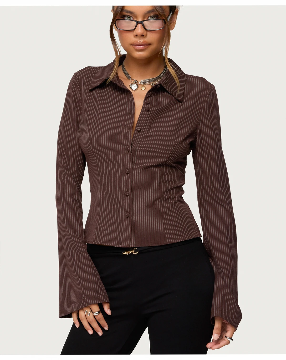 Women's Pinstripe Tailored Button Up Shirt