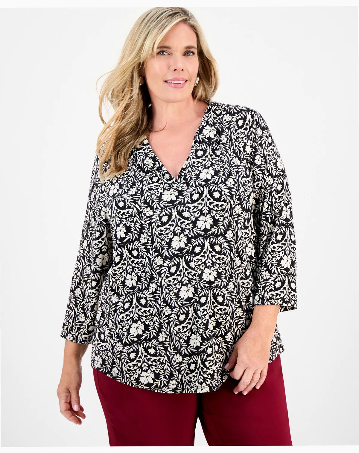 Women's Solid 3/4 Sleeve V-Neck Knit Top, Created for Macy's