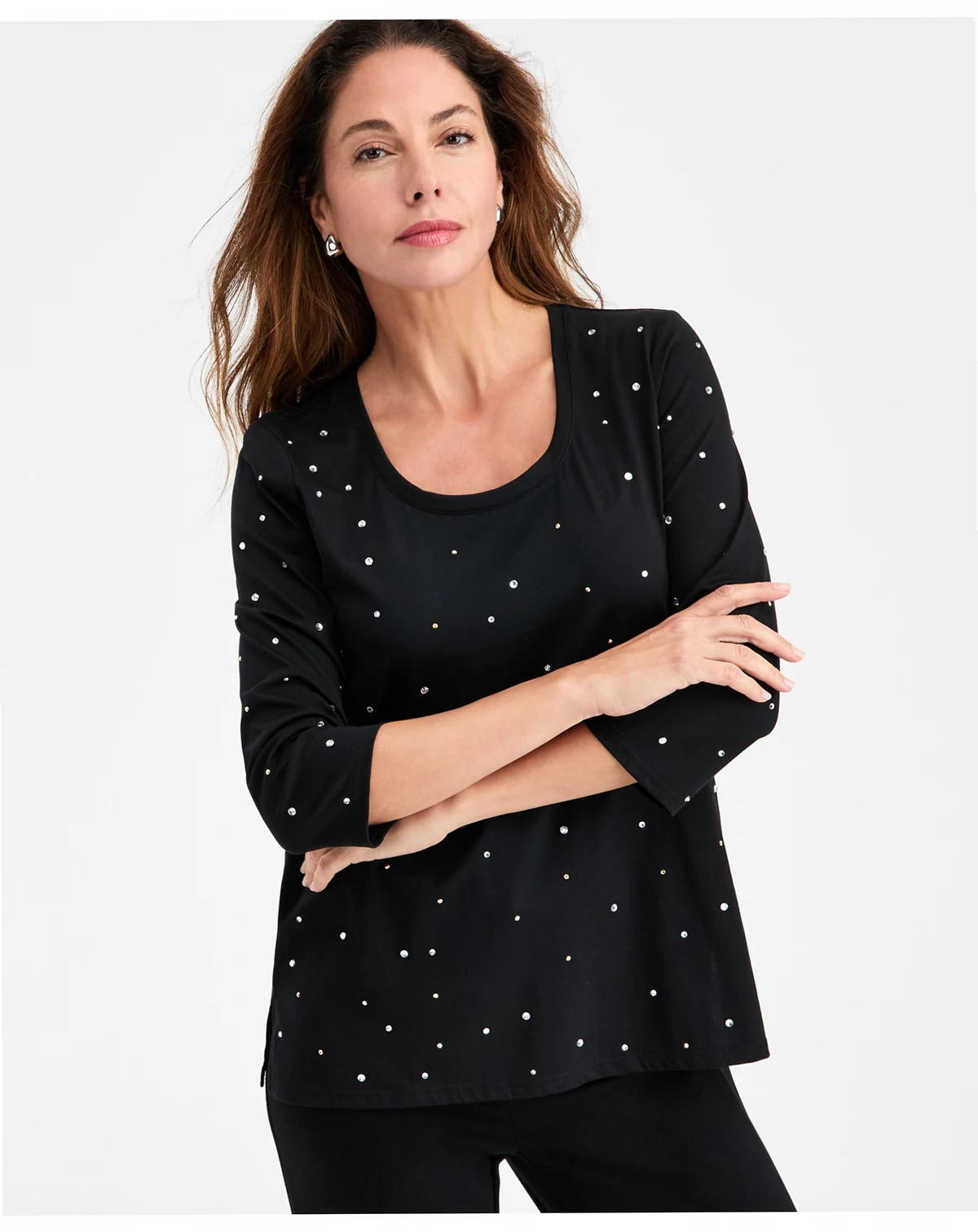 Women's Rhinestone Embellished Cotton 3/4-Sleeve Top, Macy's Exclusive