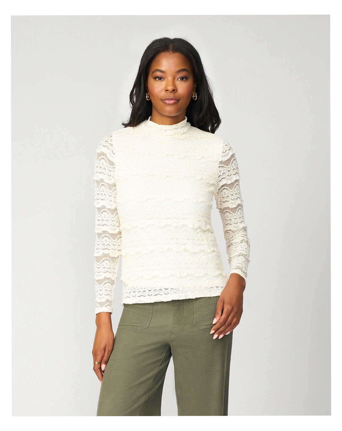 Women's Ruffle Lace Stretch Mock Neck Top