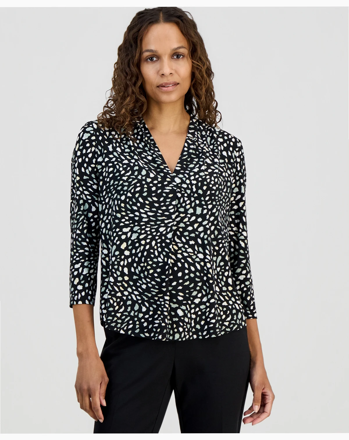 Petite Pleated V-Neck 3/4-Sleeve Top