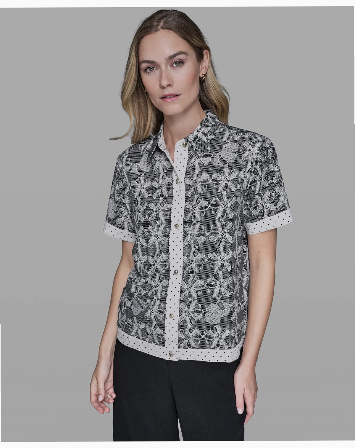 Women's Lace Print Detail Camp Shirt