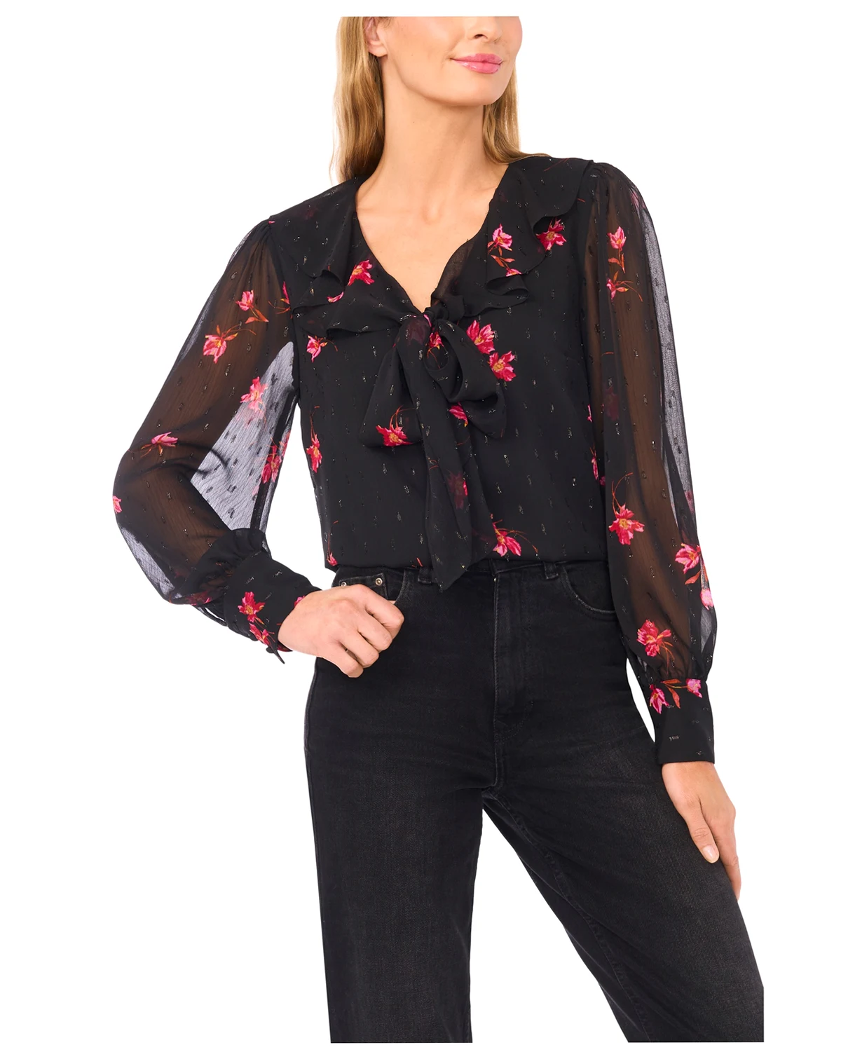Women's Floral Ruffle Tie V-Neck Top