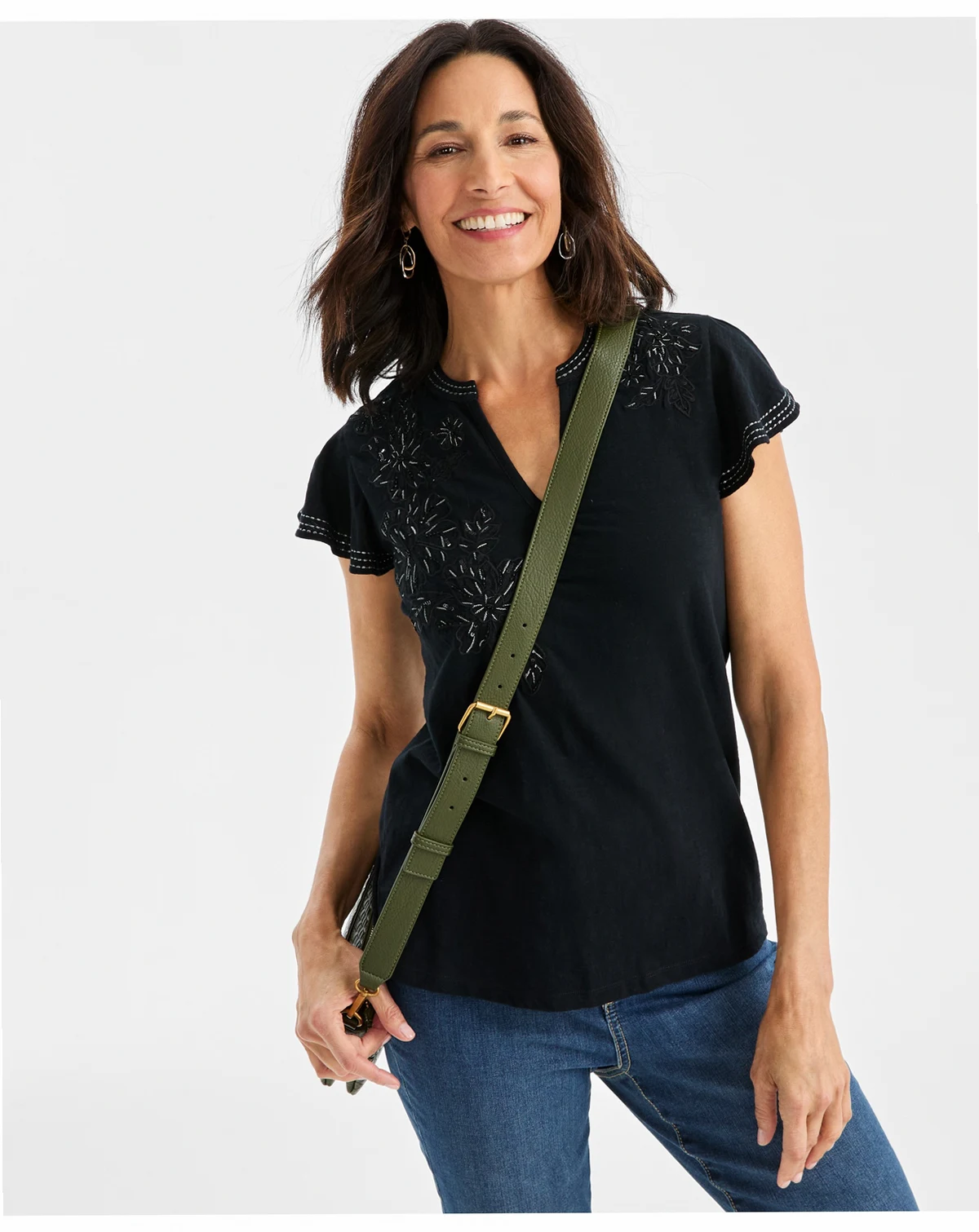 Petite Cotton Embroidered Flutter-Sleeve Knit Top, Macy's Exclusive