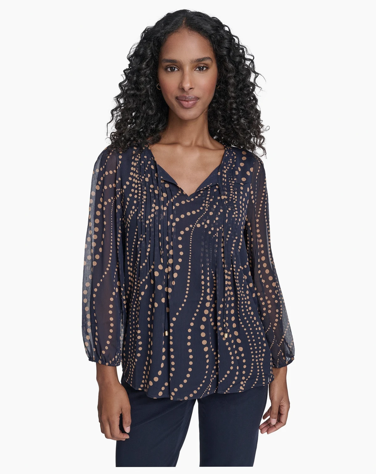 Women's Cascade Dot Pintuck Long Sleeve Blouse