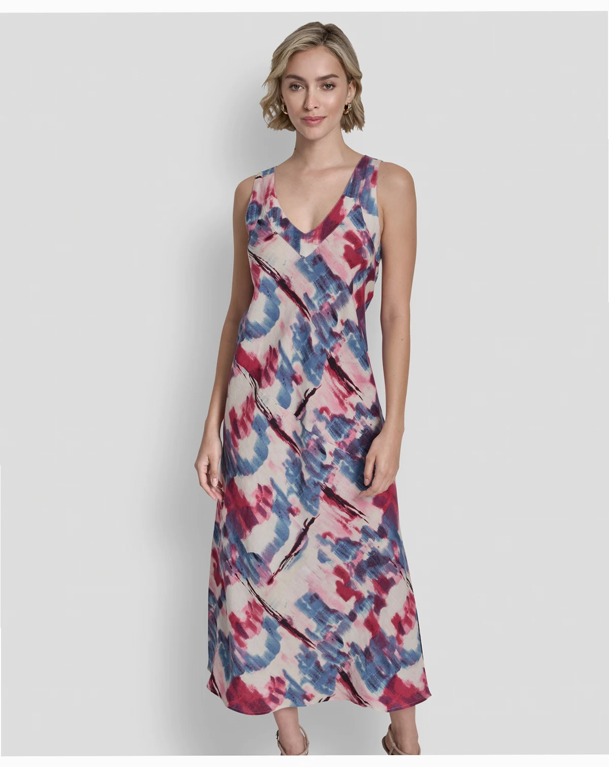 Women's Sleeveless V-Neck Panel Printed Dress