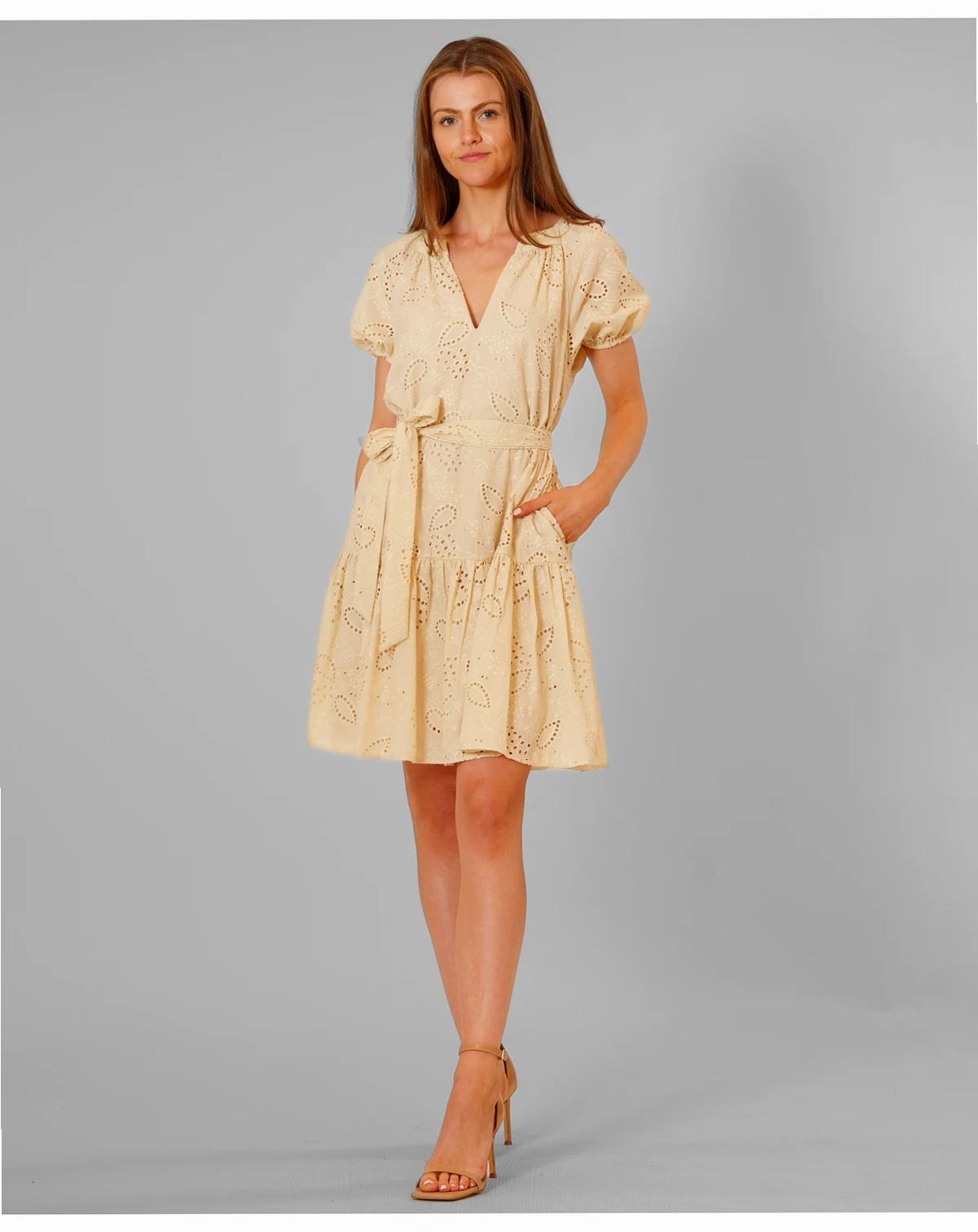 Women's Short Puff-Sleeve V-Neck Dress