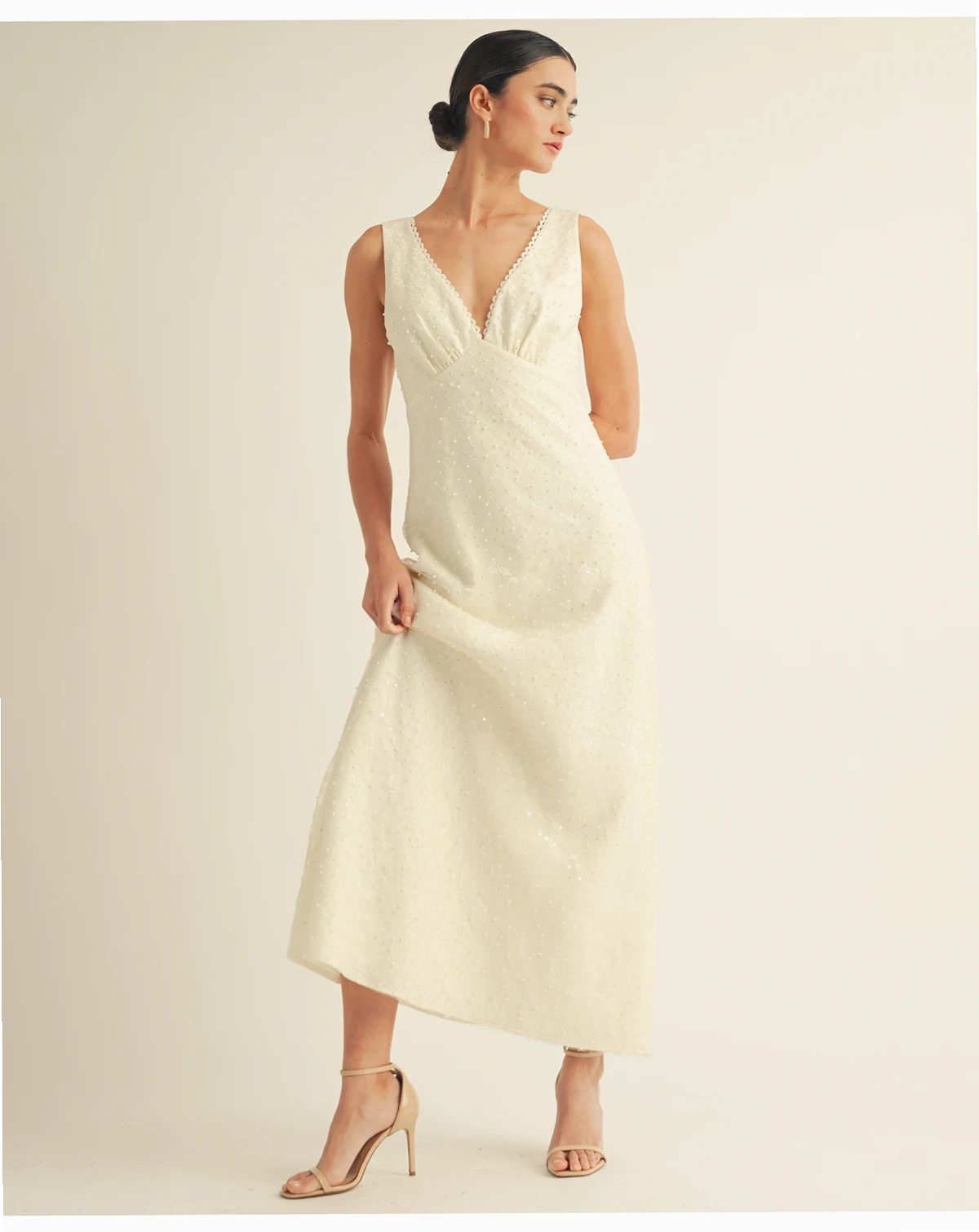 Women's V-Neck Scalloped Lace Tie-Back Slip Midi Dress