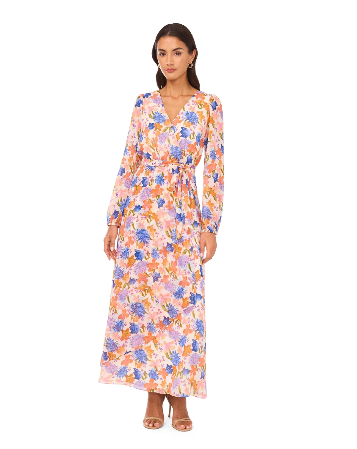 Women's Floral V-Neck Long-Sleeve Tie-Waist Maxi Dress