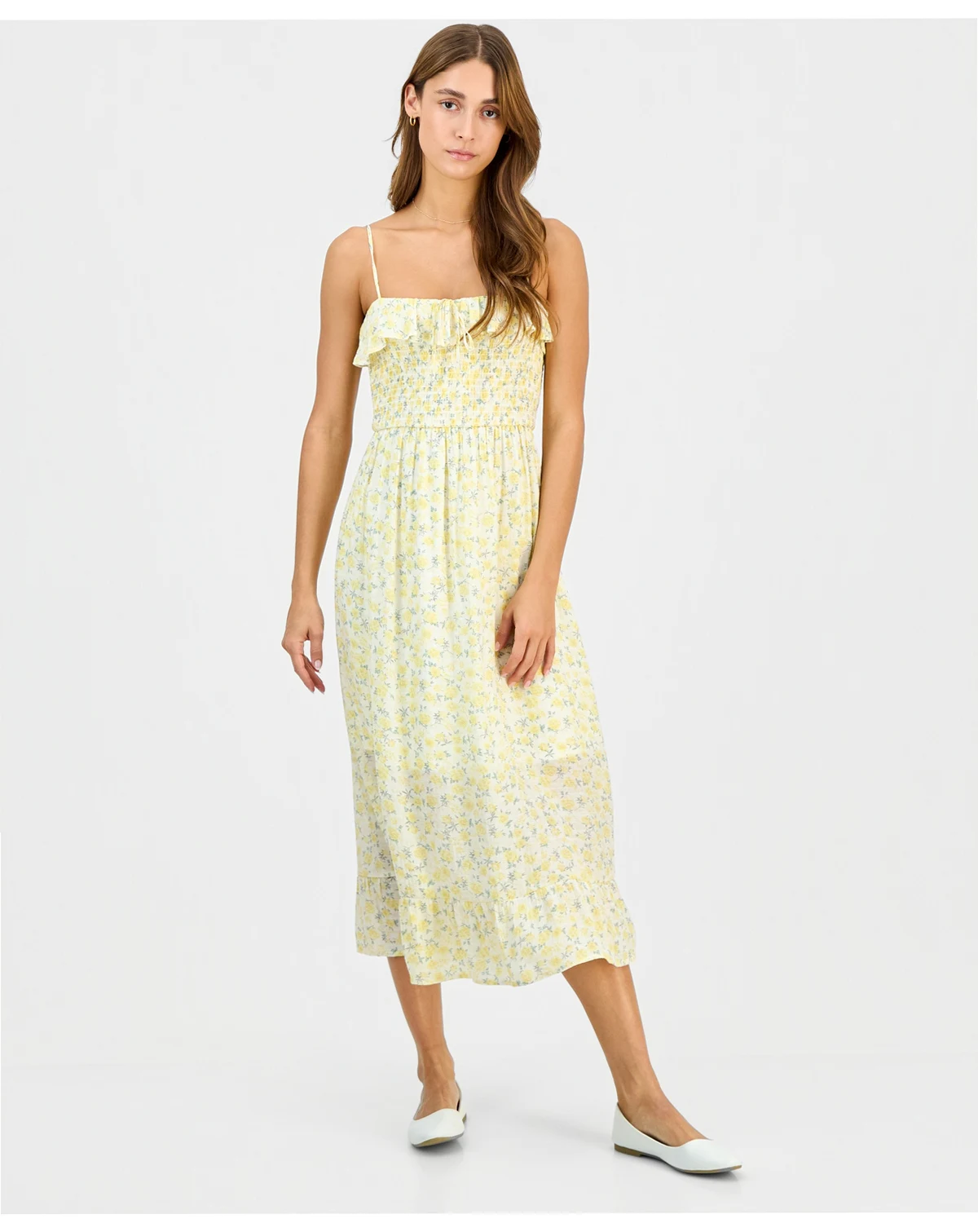 Juniors' Smocked Ruffled Floral Midi Dress