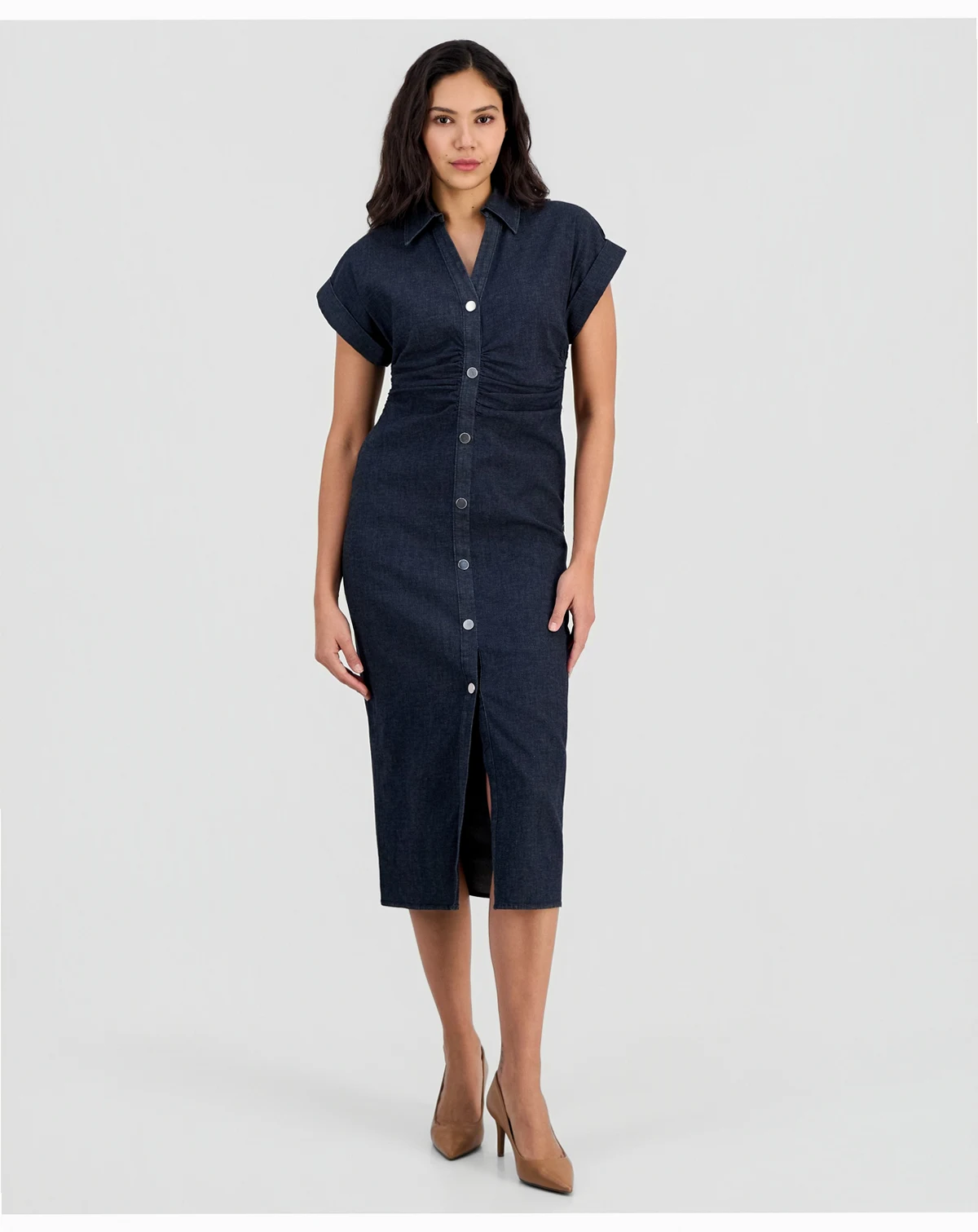 Women's Collared Button-Front Midi Dress