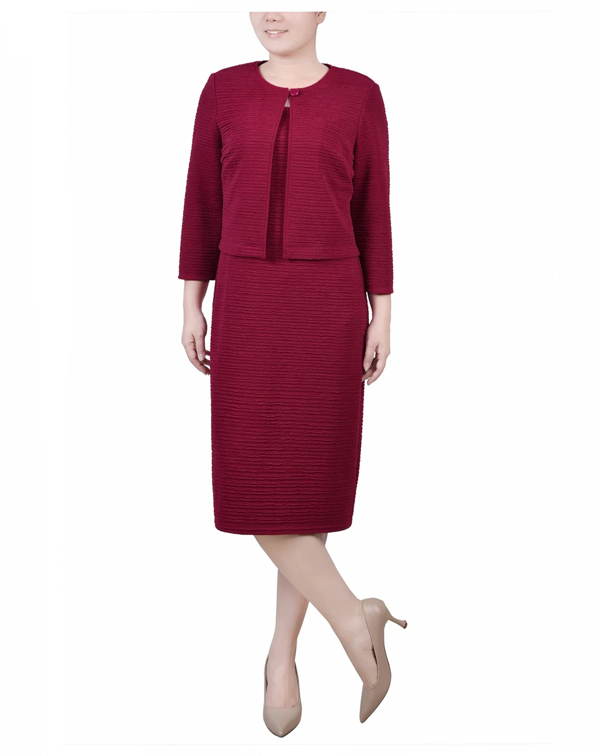Petite Textured 3/4 Sleeve Two Piece Dress Set