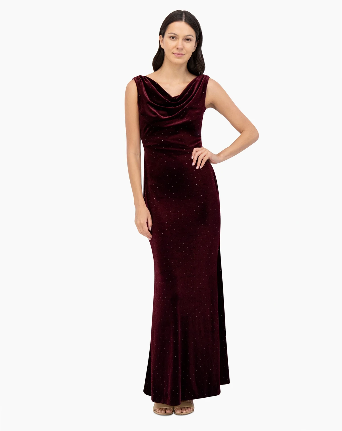 Women's Embellished Cowlneck Sleeveless Velvet Gown