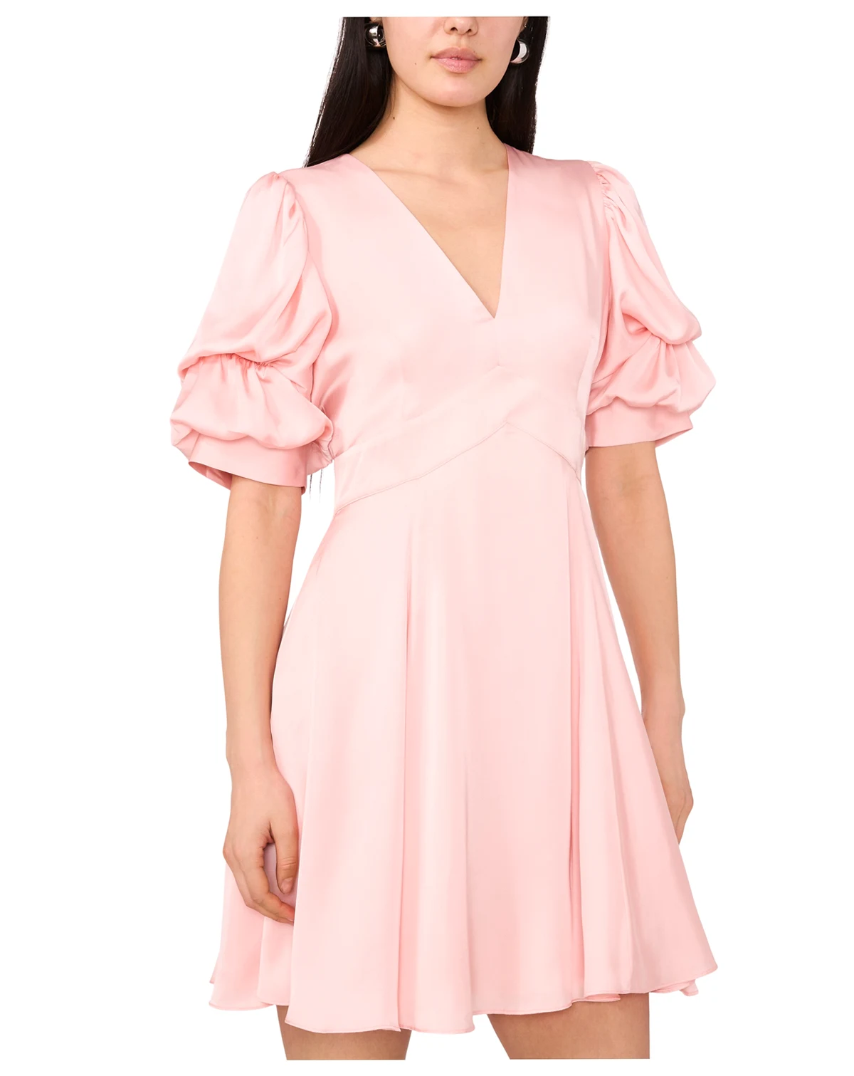 Women's V-Neck Tiered Bubble Puff Short-Sleeve Mini Dress