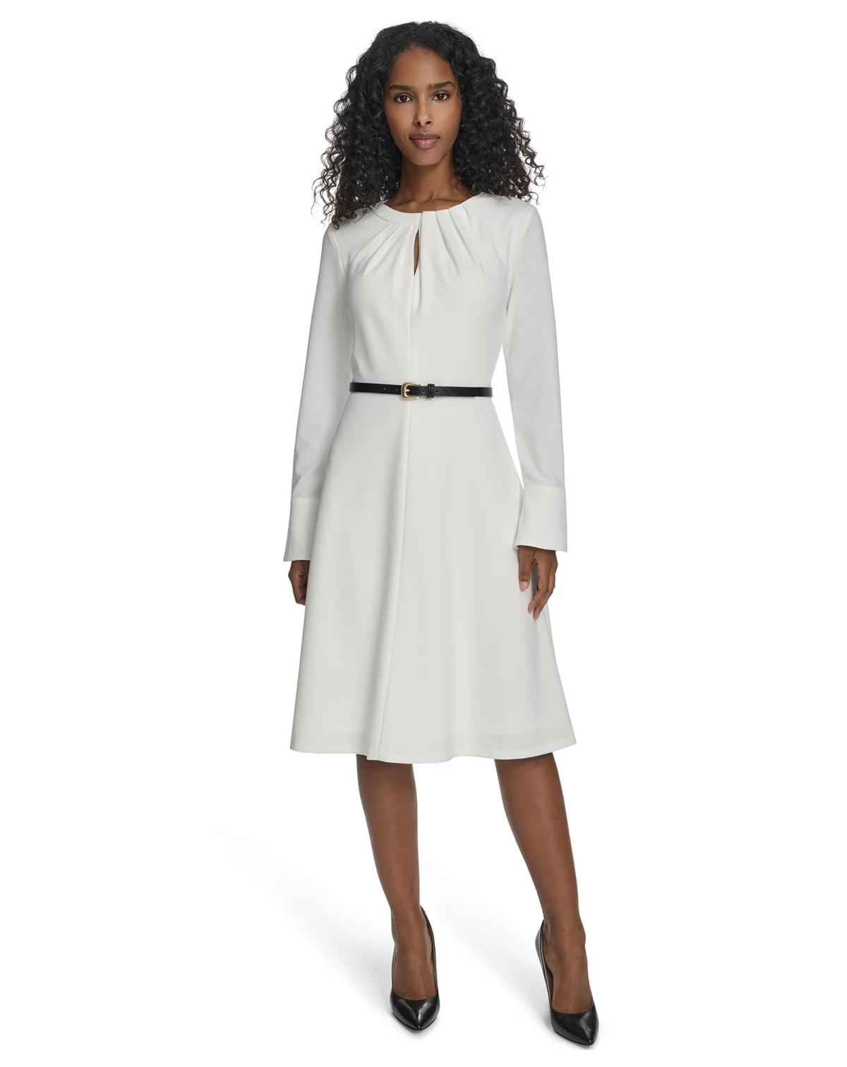 Women's Belted Bell Sleeve Crew Neck Dress