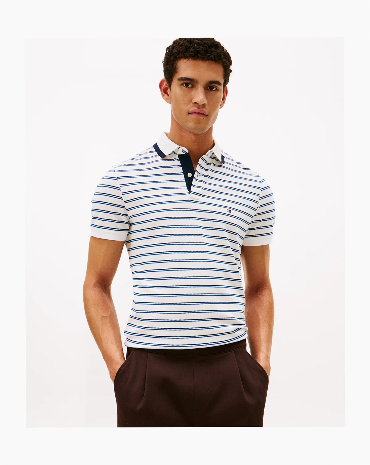 Men's Regular-Fit Pique Graphic Collar Stripe Polo Shirt