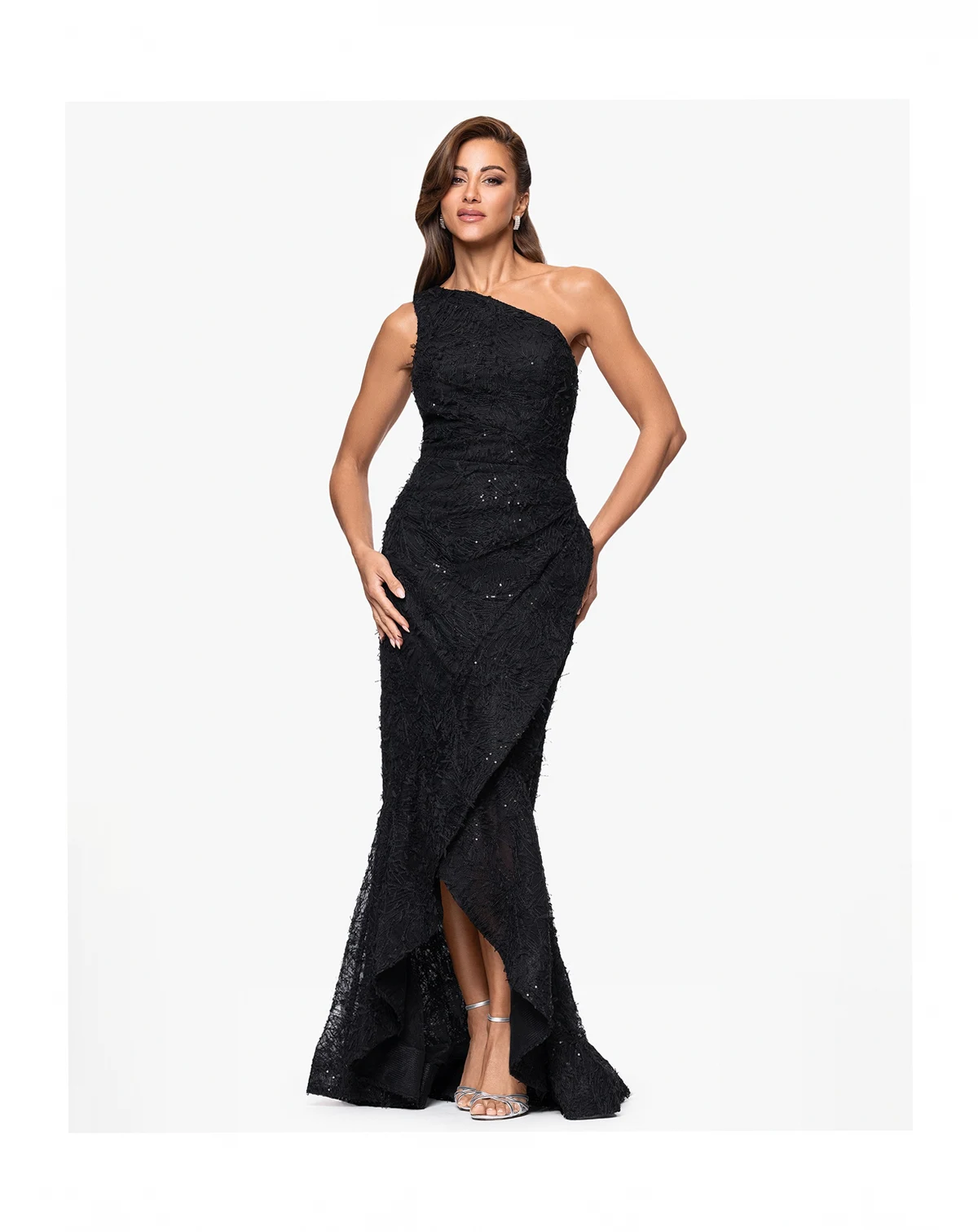 Petite Sequin Embroidery One-Shoulder High-Low Gown