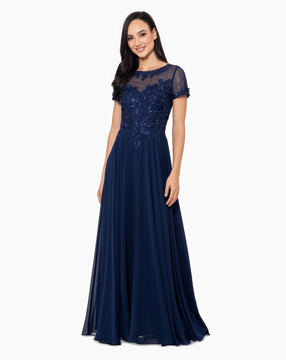 Petite Embellished Illusion-Bodice Gown