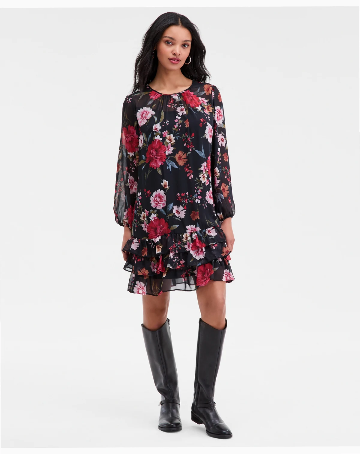 Petite Floral Long-Sleeve Tiered-Hem Dress