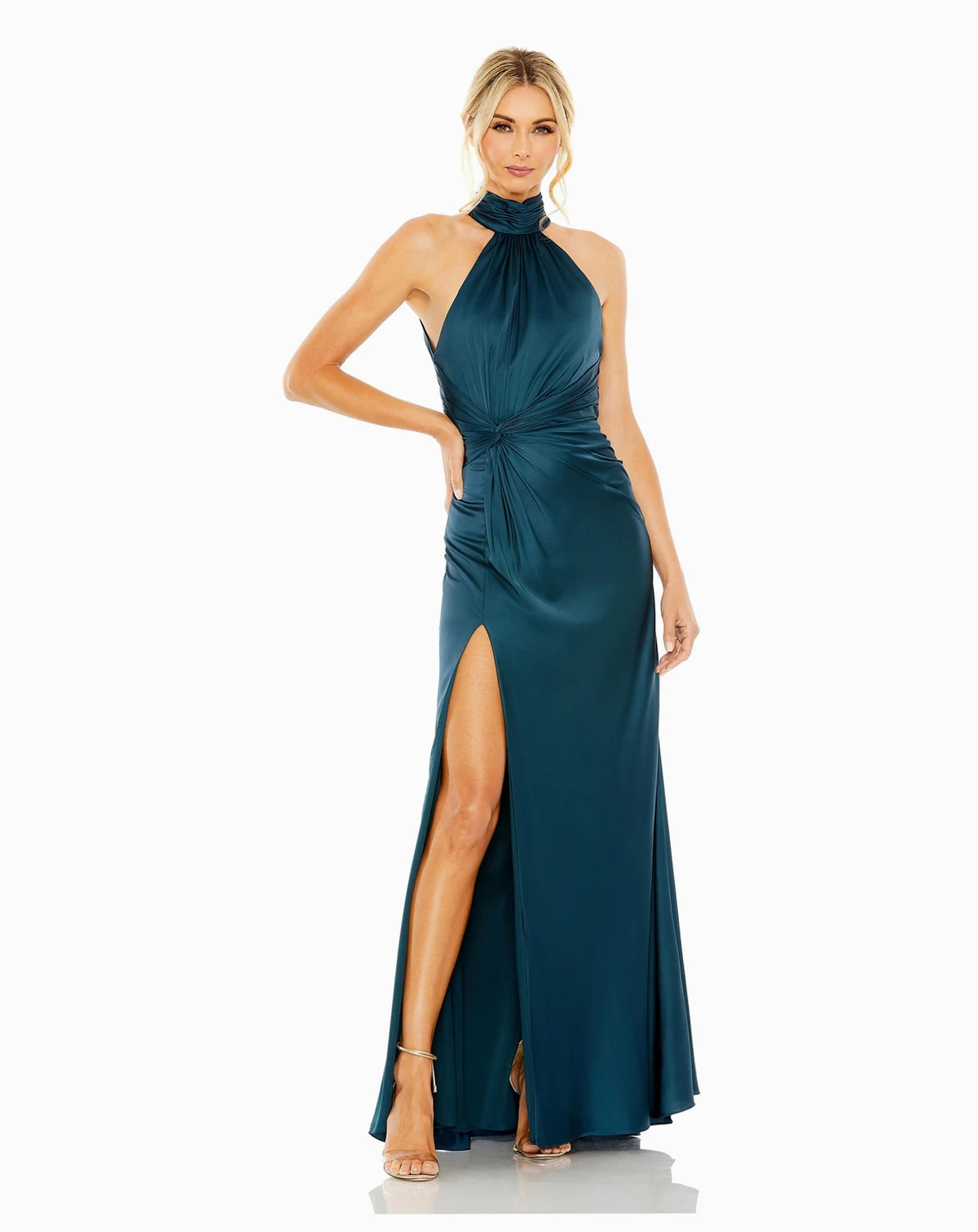 Petite Open Back High Neck Side Ruched Gown