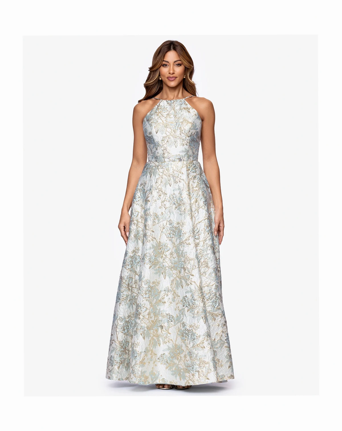 Petite Long Brocade Halter Neck Ball Gown