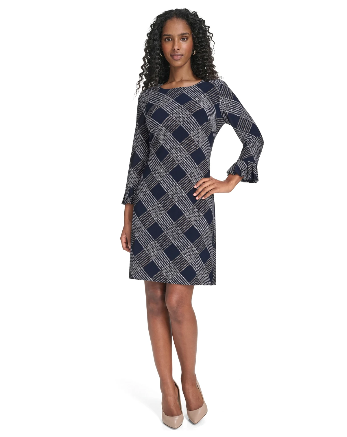 Petite Plaid 3/4-Sleeve Shift Dress