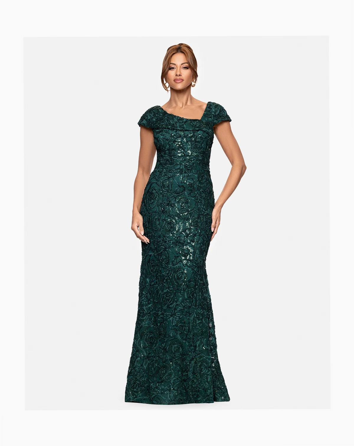 Petite Soutache Cap Sleeve Asymmetric Neckline Long Dress