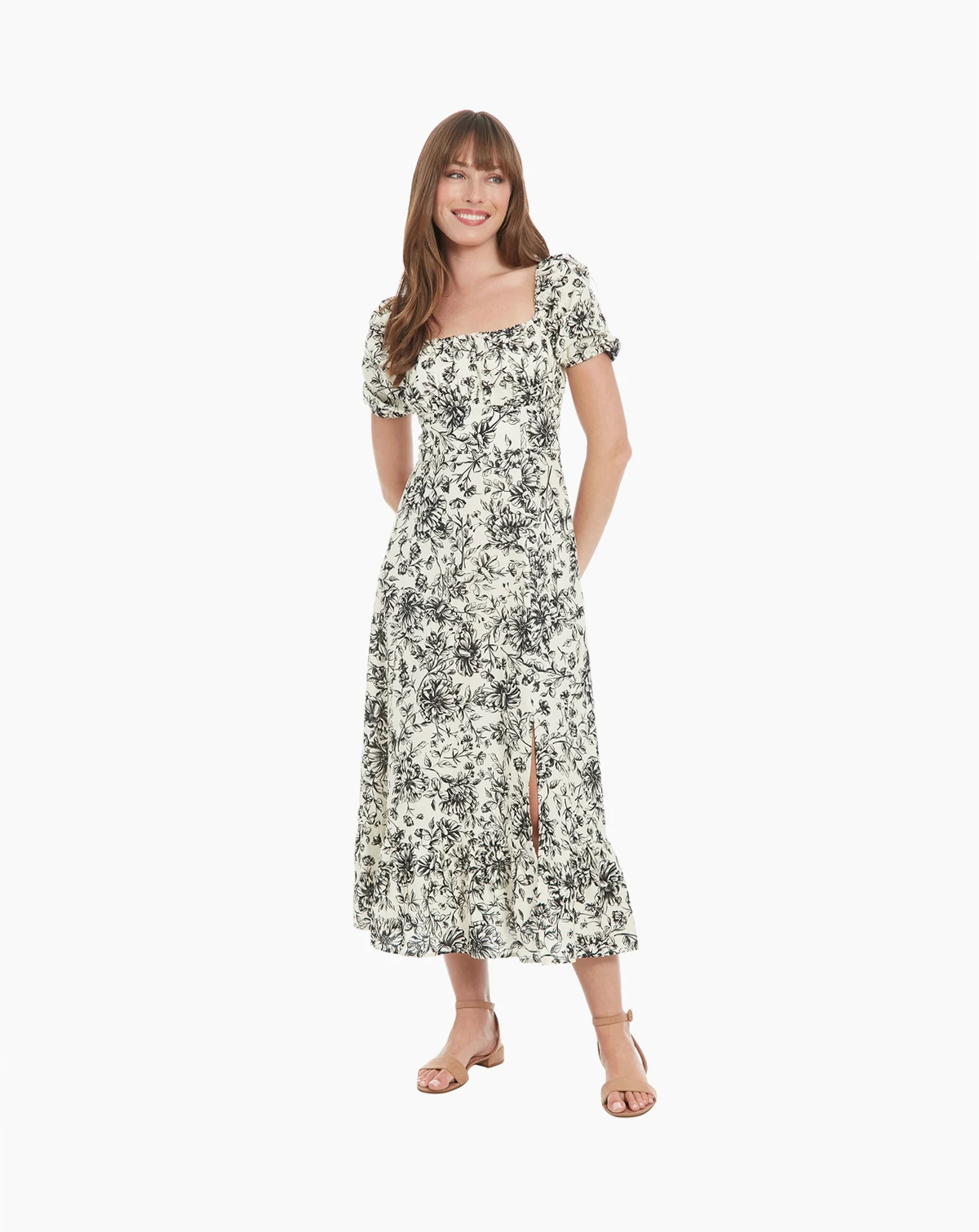 Petite Floral-Print Puff-Sleeve Midi Dress