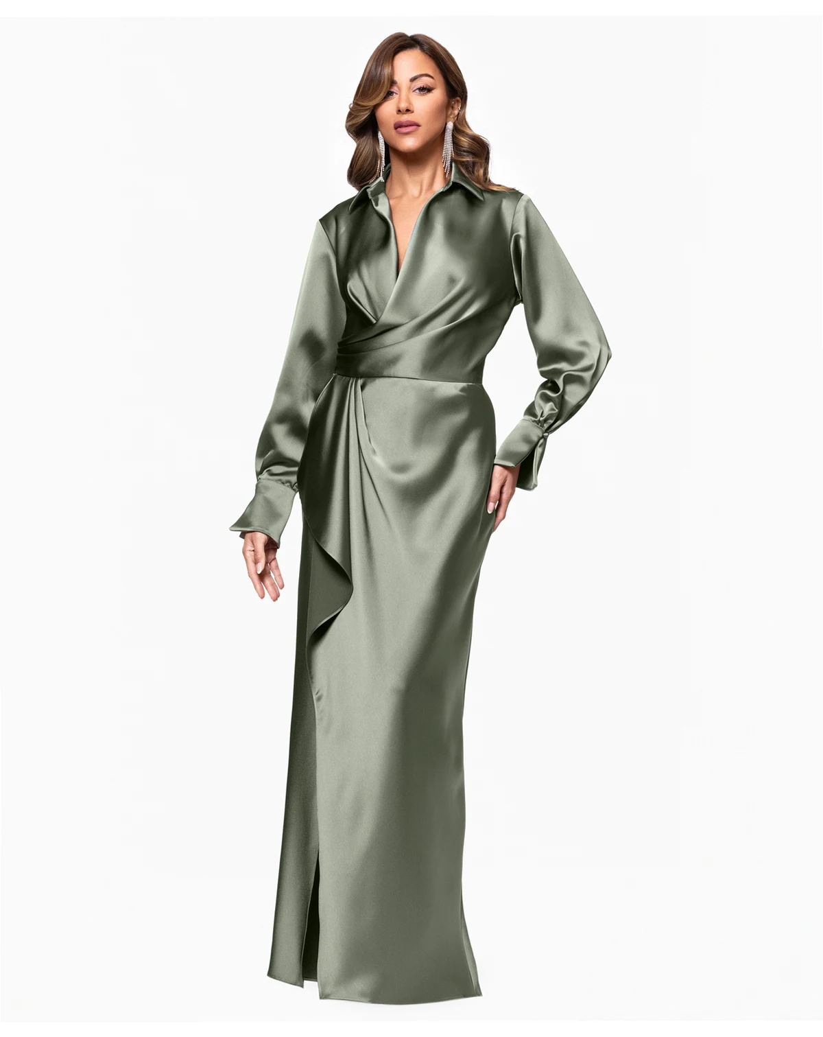 Petite Satin Collared Neck Long Dress