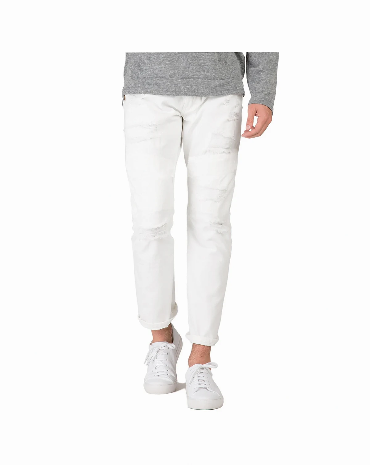 Men's Slim Straight Distressed Mended Premium Cargo White Jeans