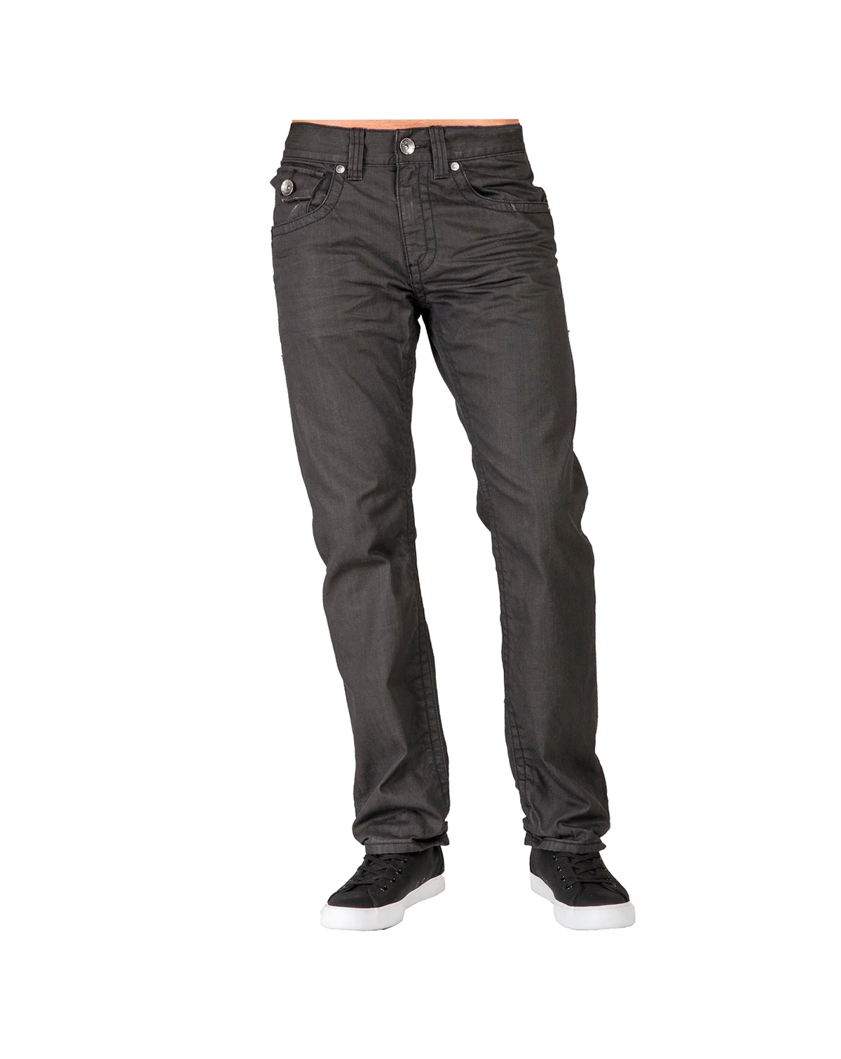 Men's Relaxed Straight Leg Premium Denim Jeans Black Coated Throwback Style Zipper Trim Pockets