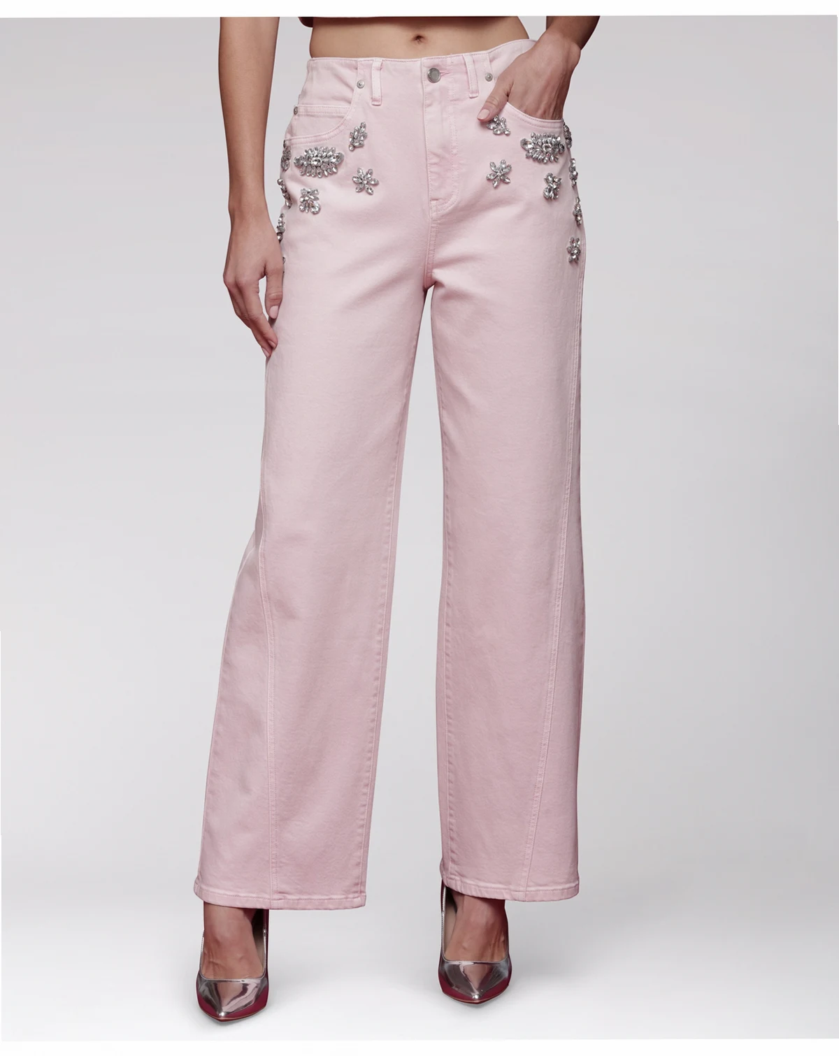 Women's Rhinestone-Trim Hollywood-Waist Wide-Leg Jeans