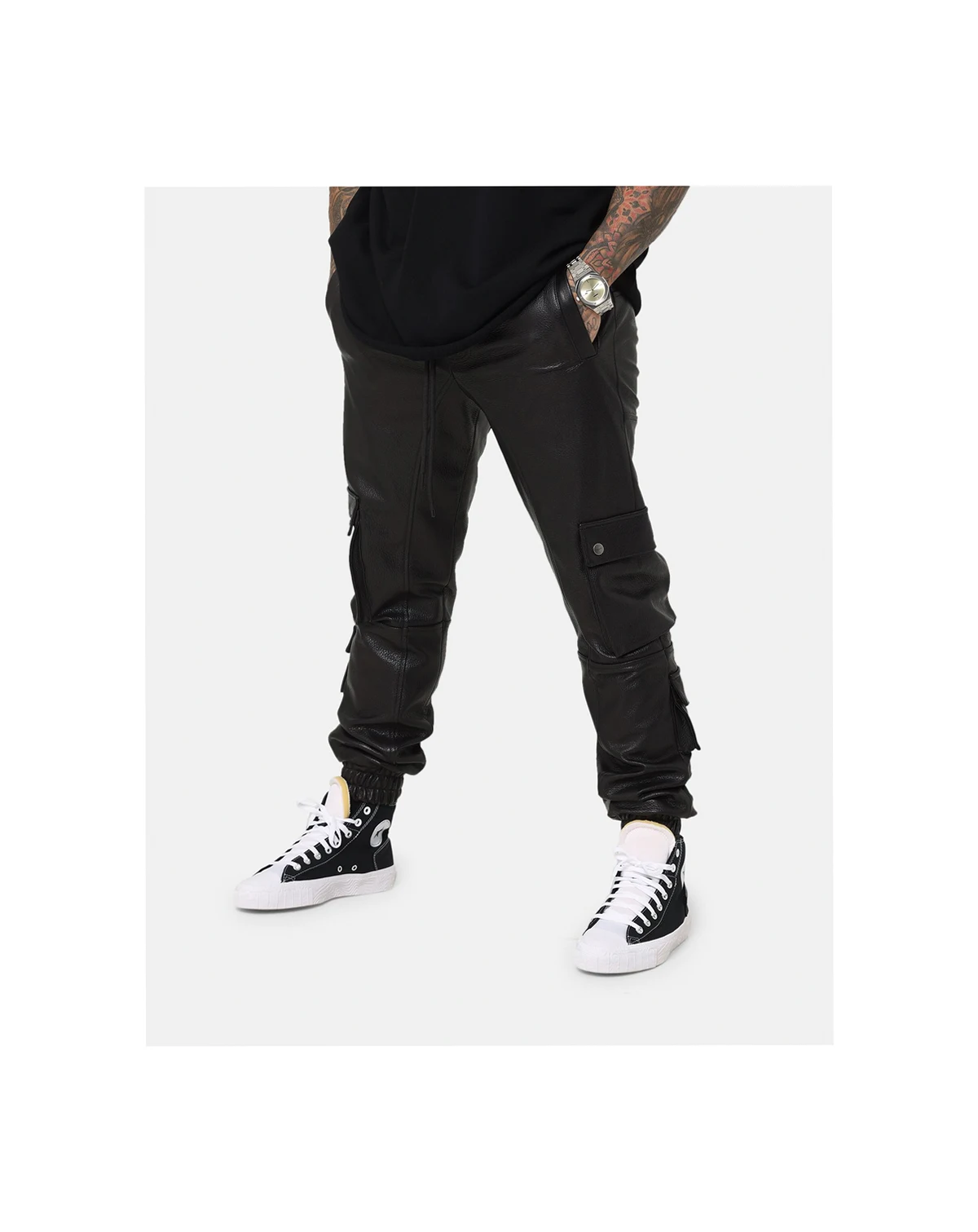 Men's Leather Cargo Jogger, Black - Large