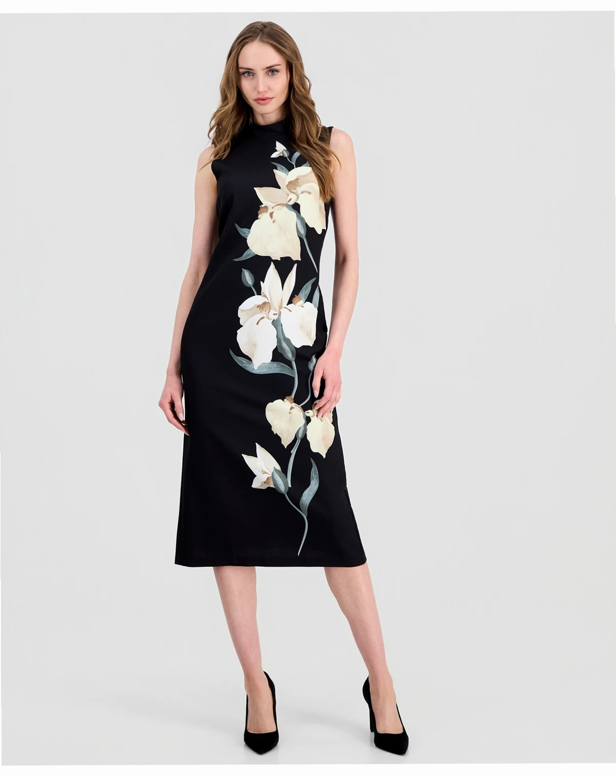 Petite Floral Print Sleeveless Mock Neck Midi Dress