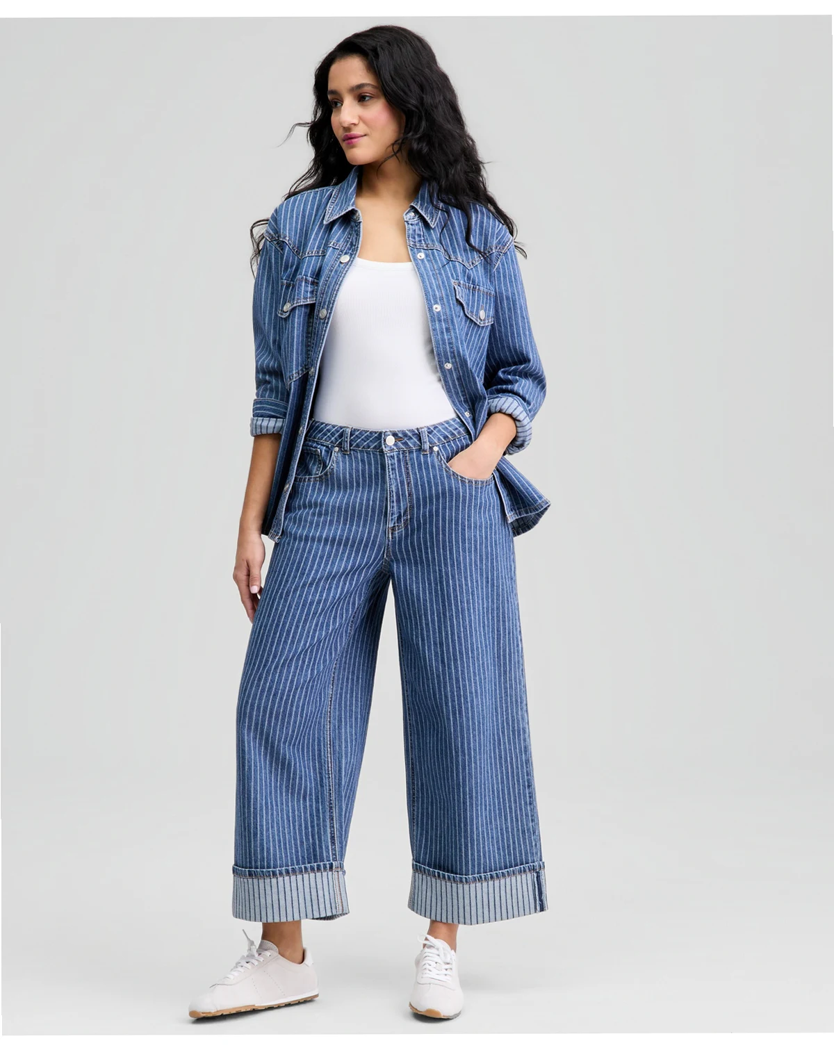 Petite Striped Cuffed Wide-Leg Jeans, Macy's Exclusive