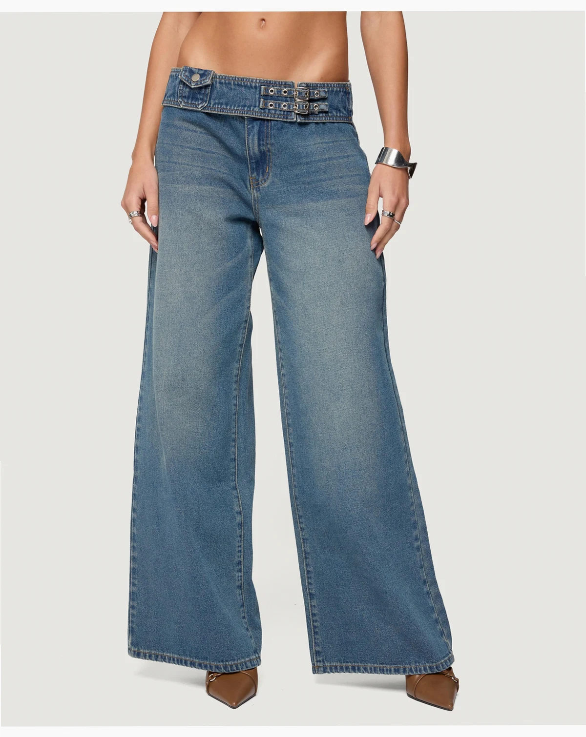 Women's Double Buckle Low Rise Baggy Jeans