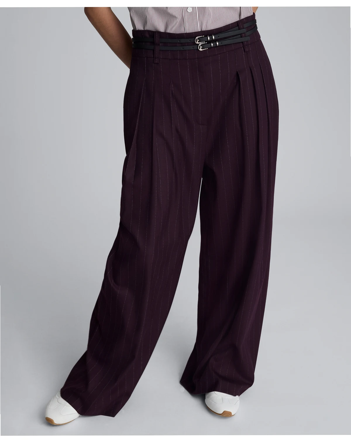 Women’s Pinstripe Pleated High Rise Belted Pant