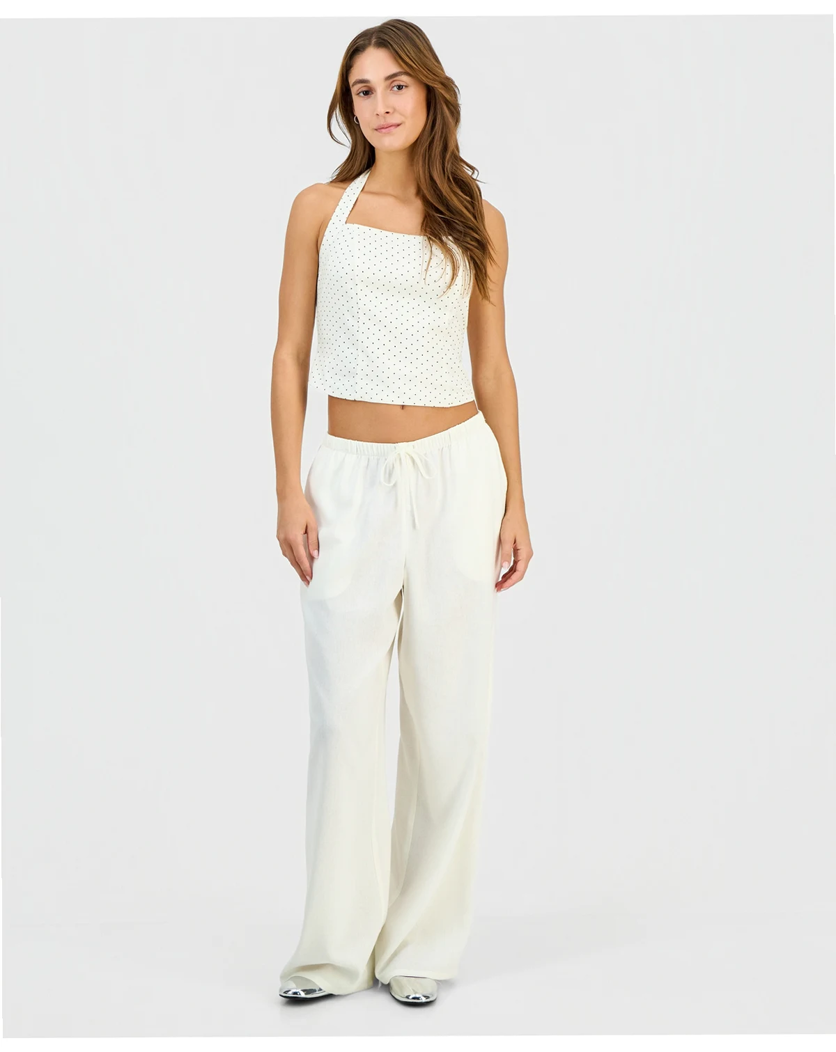 Juniors' Linen-Blend Wide-Leg Tie-Front Drawstring Pants